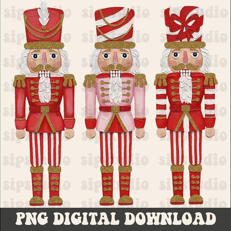 May include: Three decorative nutcrackers in red and pink uniforms with gold accents and white hair. Each nutcracker has a different hat design. The image includes the text "PNG DIGITAL DOWNLOAD".