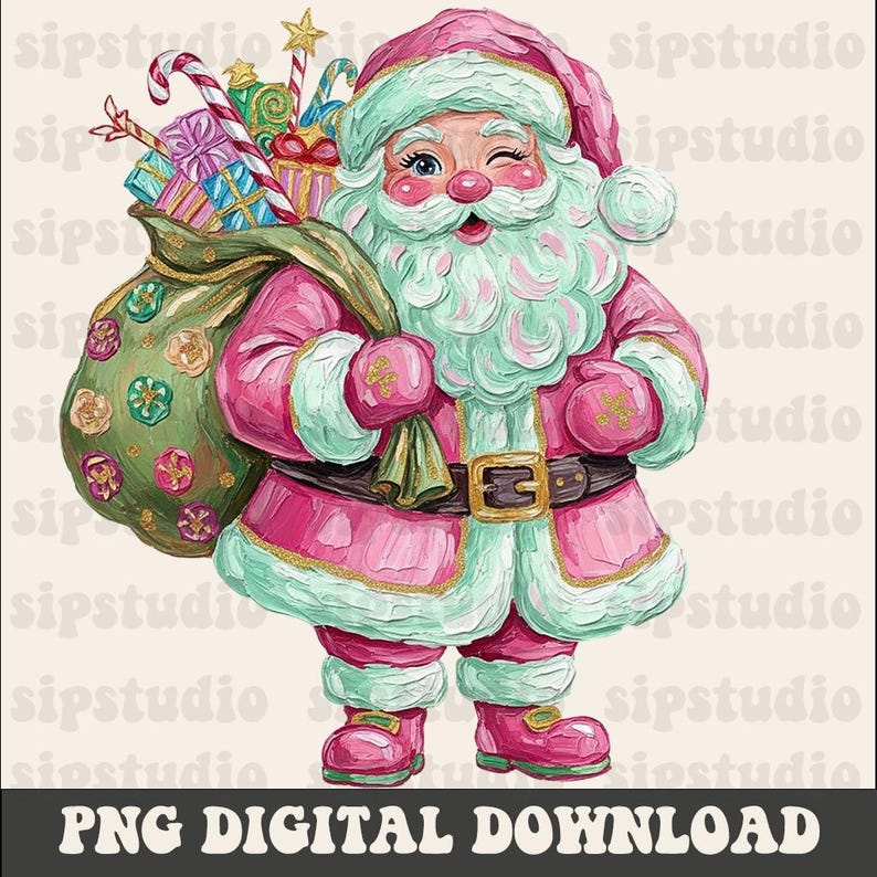 May include: A colourful illustration of Santa Claus winking, wearing a pink suit with mint green trim. He carries a green sack full of presents and candy canes. The image includes the text "PNG DIGITAL DOWNLOAD" at the bottom.
