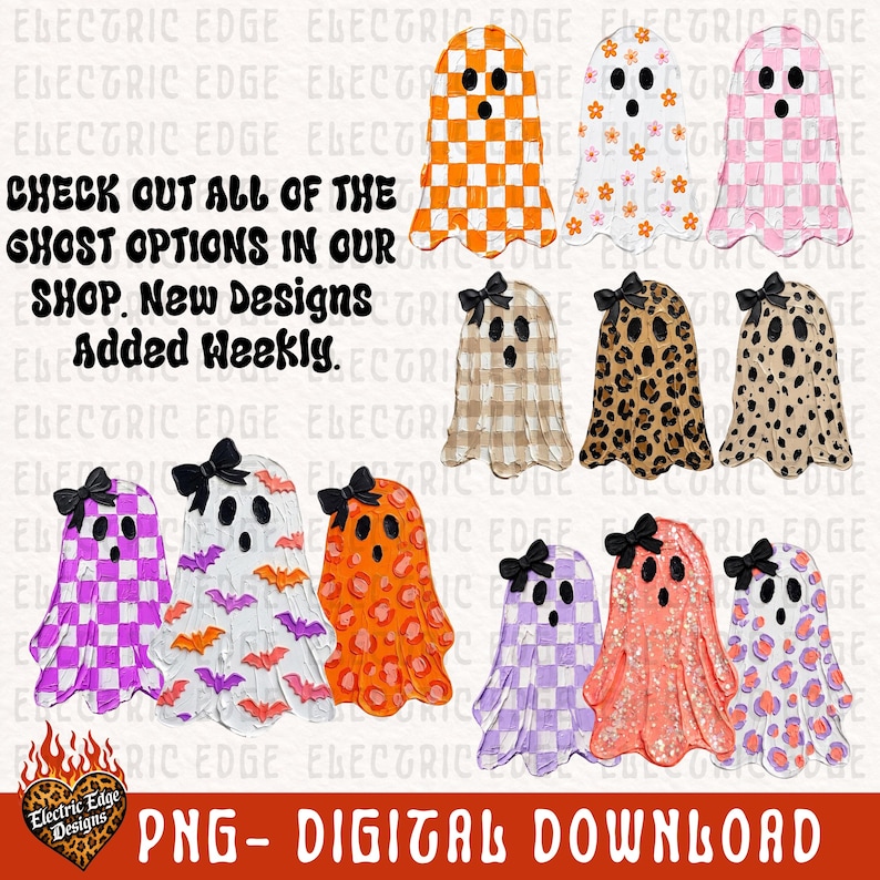 May include: A collection of twelve ghost illustrations featuring various patterns including orange and white checkers, floral prints, pink checkers, leopard spots, purple checkers, and bat motifs, each with black eyes and some wearing black bows.