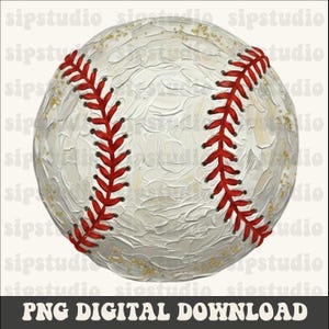 May include: A digitally painted baseball with a textured white surface and red stitching. The baseball has gold flecks and the text "PNG DIGITAL DOWNLOAD" at the bottom. This image is perfect for sports-themed digital art.