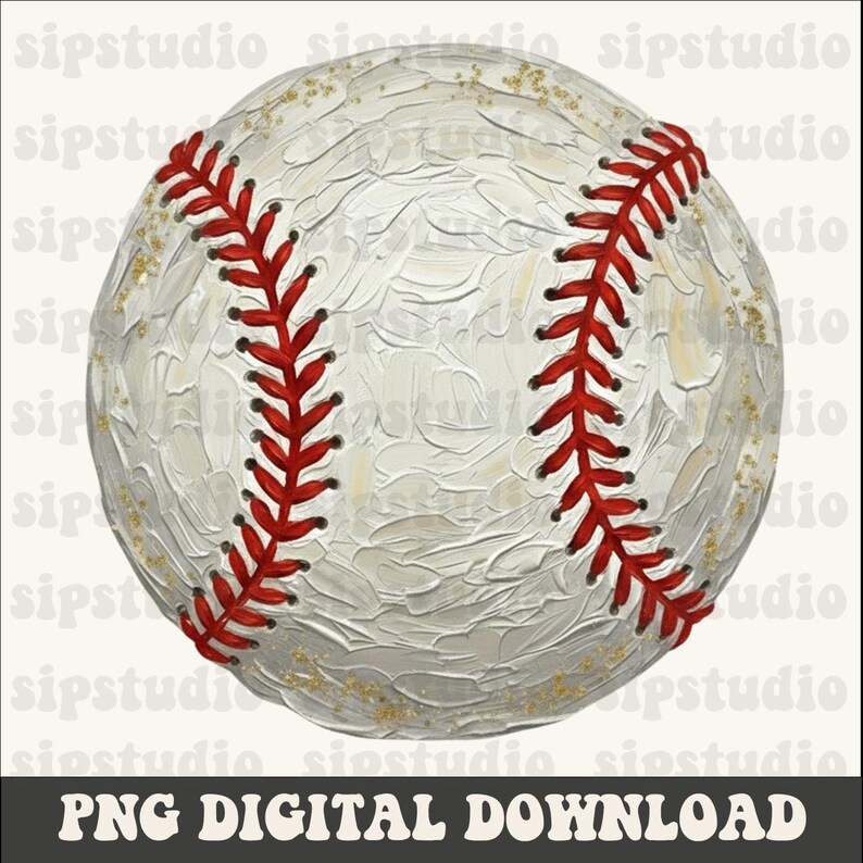 May include: A digitally painted baseball with a textured white surface and red stitching. The baseball has gold flecks and the text "PNG DIGITAL DOWNLOAD" at the bottom. This image is perfect for sports-themed digital art.