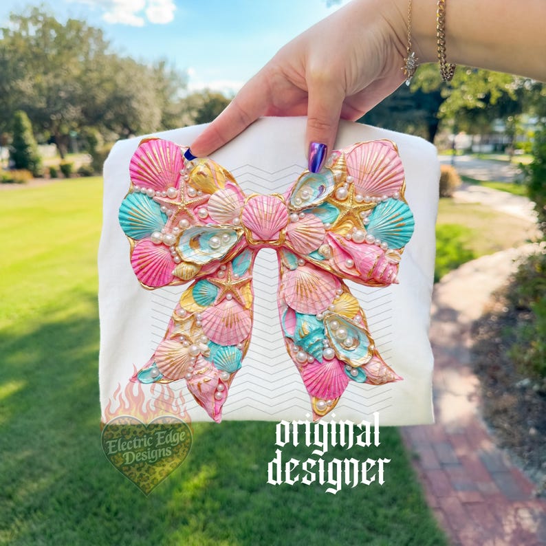 Seashell Coquette Bow PNG | Digital Download | Coastal Pearl Design | Sublimation and DTF | Preppy Beach Aesthetic | Trendy Summer Shirt image 6