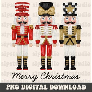 Peut inclure: Trois figurines de casse-noisettes color&eacute;es, v&ecirc;tues d'uniformes rouges, blancs et dor&eacute;s, chacune avec un chapeau unique. Le texte "Merry Christmas" et "PNG DIGITAL DOWNLOAD" est inclus.
