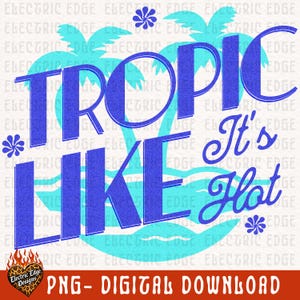 May include: A digital graphic design featuring the text TROPIC LIKE IT'S HOT in bold blue letters. The background displays light blue silhouettes of palm trees and small flower icons. A heart-shaped logo with flames and leopard print is at the bottom.