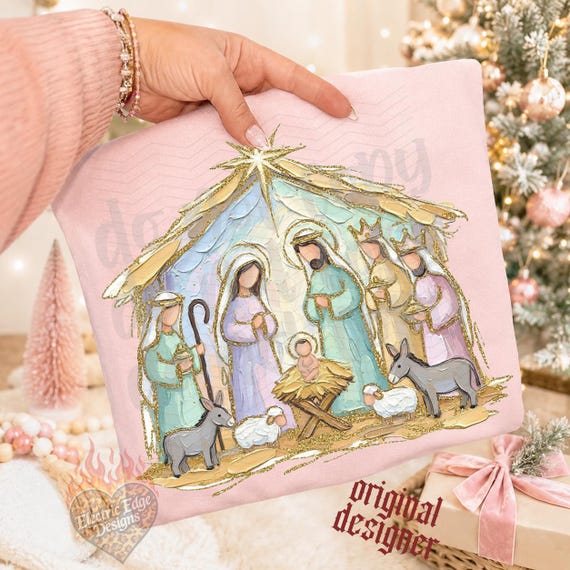 Nativity Scene PNG, Christmas Christian Digital Download, Pastel Hand Painted Sublimation and DTF, Faith Holiday Shirt, Trendy Baby Jesus