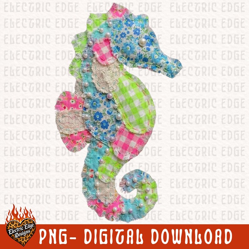 May include: A colorful seahorse design made from fabric patches in various patterns, including floral, gingham, and lace. The seahorse is embellished with small, white pearls. The text "PNG - DIGITAL DOWNLOAD" is at the bottom.