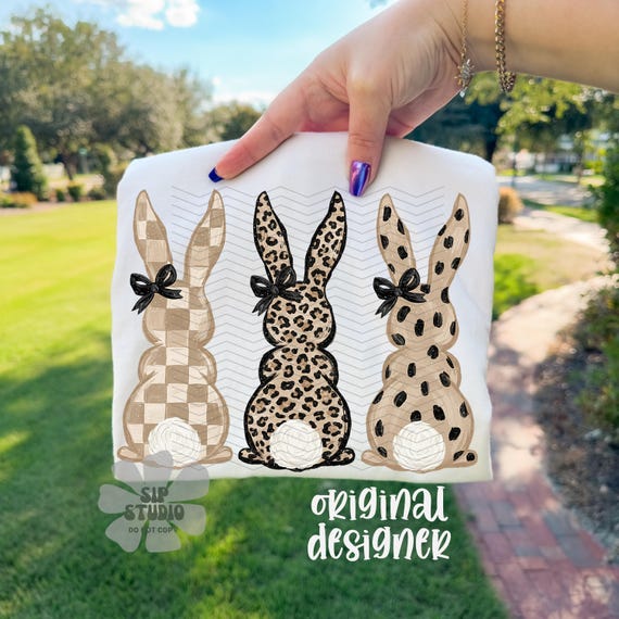 Neutral Easter Bunny PNG | Leopard Bunny Trio | Boutique Sublimation and DTF Download |  Checkered Spring Shirt Design | Trendy Bow Rabbits