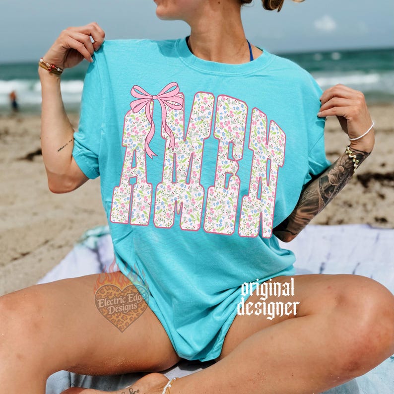 Floral Amen PNG, Christian Bow Digital Download, Sublimation and DTF, Trendy Faith Based Shirt Design, Religious Scripture Tee image 1