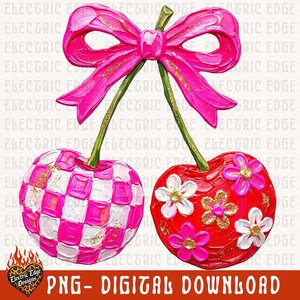 Coquette Cherry PNG, Summer Girly Digital Download, Sublimation and DTF, Trendy Checkered Shirt, Boutique Preppy Tee, Painted Bow image 3