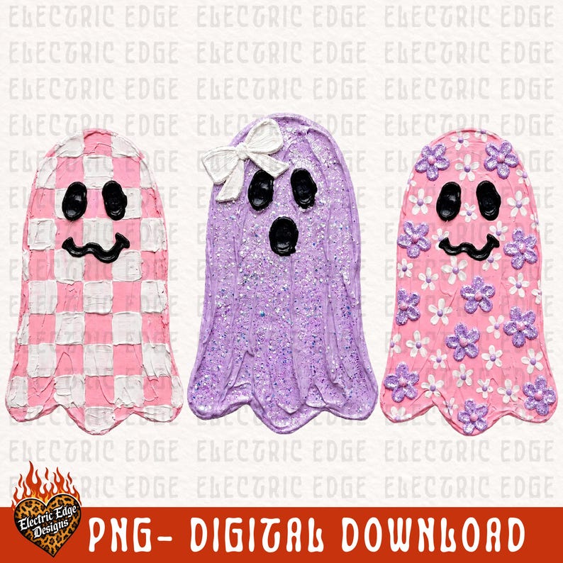 May include: Three ghost illustrations with black eyes and mouths. The left ghost has a pink and white checkerboard pattern. The center ghost is purple with glitter and a white bow. The right ghost is pink with purple and white flower accents.