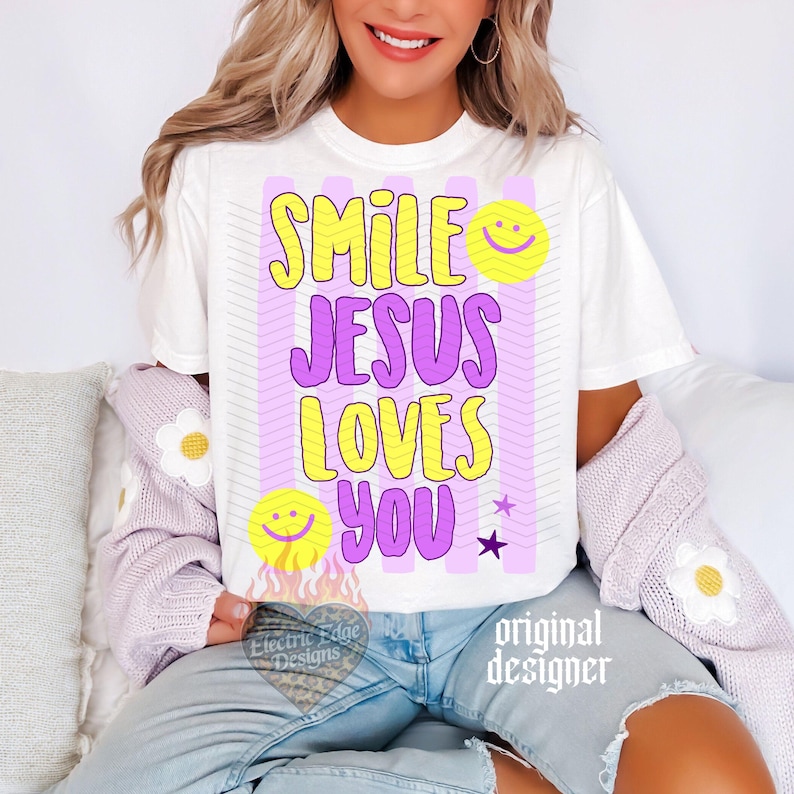 Smile Jesus Loves You PNG, Trendy Christian Shirt, Sublimation and DTF, Retro Smiley Face Faith Tee, Preppy Religous Design, Boutique image 1