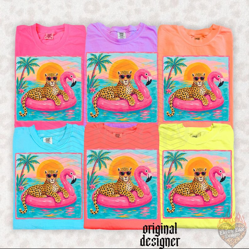 May include: A collection of colorful t-shirts, each featuring a graphic of a leopard wearing sunglasses, lounging on a pink flamingo float in the ocean. The design includes a sunset, palm trees, and the text "original designer".