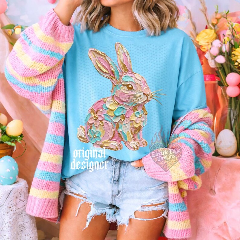 Pastel Easter Bunny PNG | Floral Painted Digital Download | Coquette Spring Shirt | Sublimation and DTF | Preppy Rabbit Design | Trendy image 3