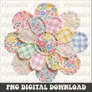 May include: A collection of colorful, circular fabric patches arranged in a flower shape. The patches feature floral, gingham, and lace patterns in pastel colors like pink, blue, yellow, and green. The edges are frayed, giving a vintage, handmade aesthetic.