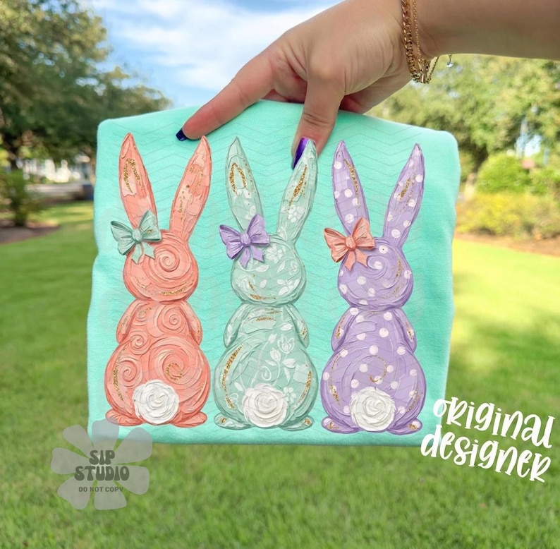 Painted Easter Bunny Trio PNG | Trendy Digital Download | Sublimation and DTF | Spring Shirt Design | Pastel Coquette Rabbits | Boutique image 1