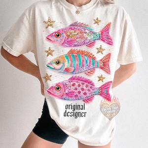 PNG de pez preppy / Descarga digital de verano / Diseño maximalista costero / Sublimación DTF / Camiseta de playa femenina / Colores modernos imagen 5