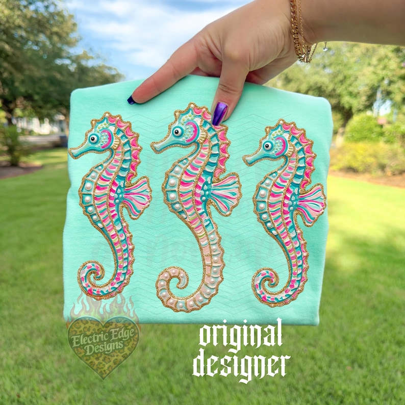 Preppy Seahorse Trio PNG | Coastal Digital Download | Summer Beach Design | Sublimation DTF | Trendy Girly Ocean Graphic | Boutique image 1