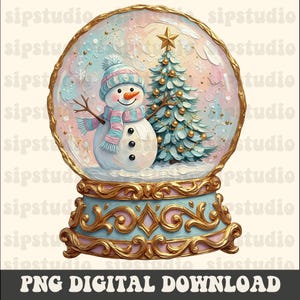 May include: A decorative snow globe featuring a snowman with a blue and pink striped hat and scarf, standing next to a decorated Christmas tree with a gold star. The base is ornate gold and light blue with intricate scrollwork and filigree details.