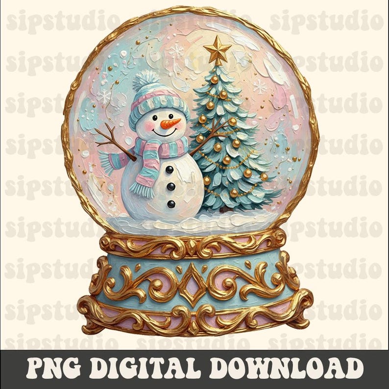 May include: A decorative snow globe featuring a snowman with a blue and pink striped hat and scarf, standing next to a decorated Christmas tree with a gold star. The base is ornate gold and light blue with intricate scrollwork and filigree details.