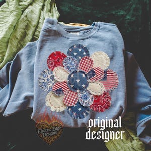 Patriotic Patchwork Flower PNG, July 4th Shirt Digital Download, Sublimation DTF, Independence Day, Trendy USA Flag Design, American image 4