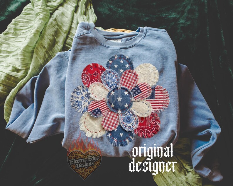 Patriotic Patchwork Flower PNG, July 4th Shirt Digital Download, Sublimation DTF, Independence Day, Trendy USA Flag Design, American image 4
