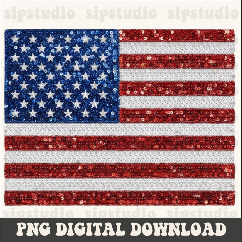 May include: A sequined American flag design with blue, white, and red colors. The flag features white stars on a blue background and red and white stripes. The image includes the text "PNG DIGITAL DOWNLOAD".