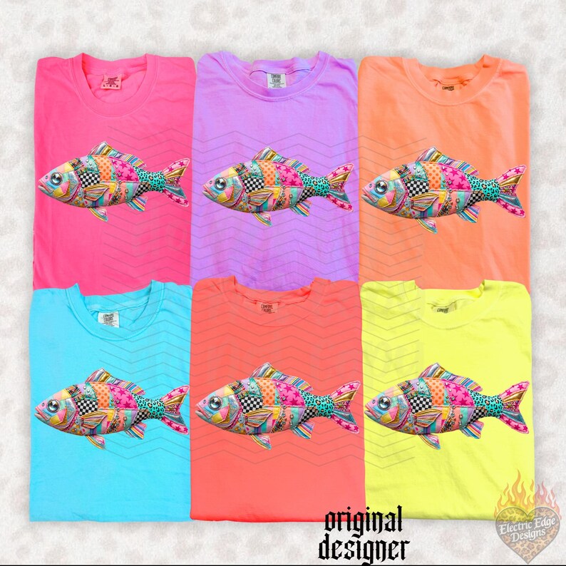 May include: Six colorful t-shirts, each with a unique fish graphic. The fish designs feature a patchwork of patterns and colors, including pink, blue, yellow, and orange. The shirts are in various colors, including pink, purple, orange, blue, coral, and yellow. The text "original designer" is visible.