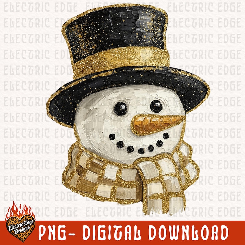 May include: A snowman illustration featuring a black top hat with gold glitter accents, a white textured face with black eyes, a carrot-colored nose, and a black dotted smile. The snowman wears a white and gold checkered scarf with glitter trim.