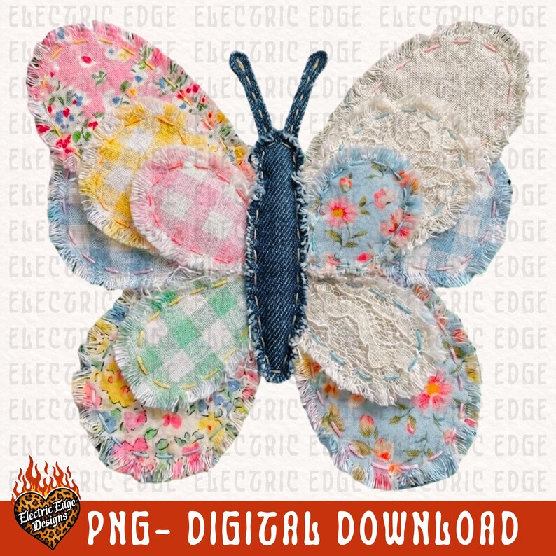 May include: A colorful patchwork butterfly design with various fabric patterns, including floral, gingham, and lace. The butterfly's body is made of denim. The image includes the text "PNG - DIGITAL DOWNLOAD".