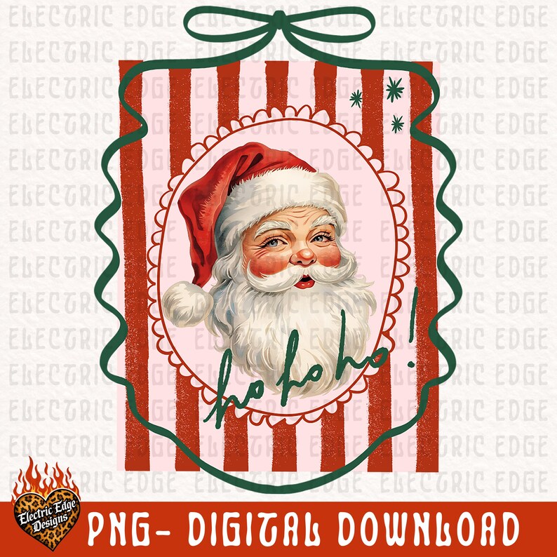 May include: A digital graphic featuring a portrait of Santa Claus wearing a red hat inside a scalloped oval frame. The background consists of vertical red and light pink stripes. The text "ho ho ho!" is written in green cursive script below.