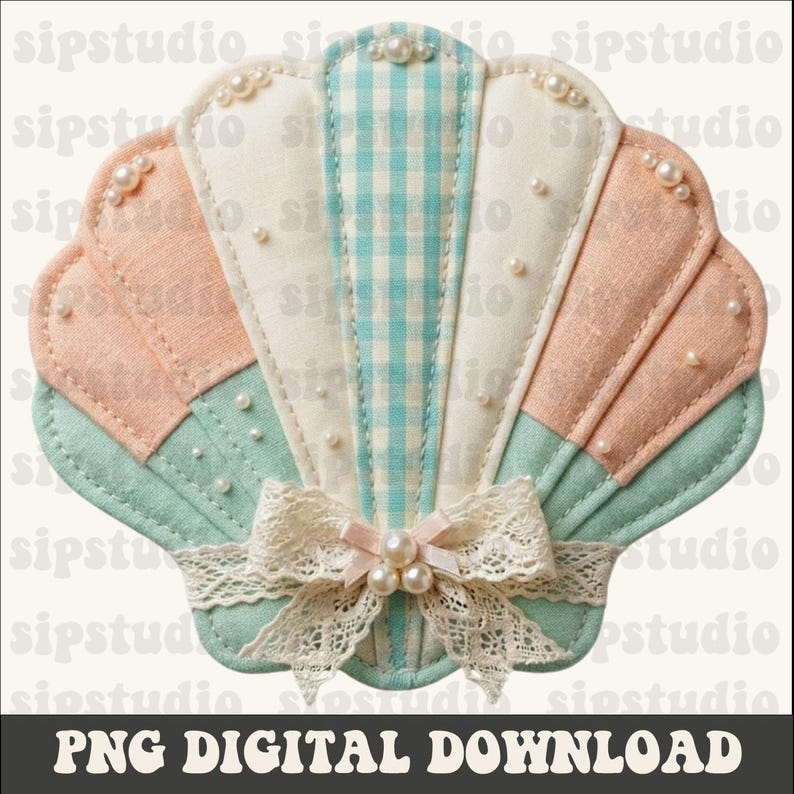 May include: A digital seashell design in pastel colours. It features sections of pink, white, and blue gingham fabric, decorated with faux pearls. A lace bow with a pearl cluster adds detail. The text "PNG DIGITAL DOWNLOAD" is at the bottom of the image.
