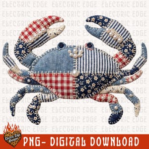 May include: A fabric crab with a patchwork design in red gingham, blue floral, and denim patterns. The crab's claws and body are adorned with faux pearls. The image includes the text "PNG - DIGITAL DOWNLOAD".