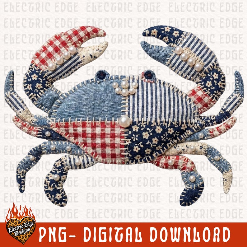 May include: A fabric crab with a patchwork design in red gingham, blue floral, and denim patterns. The crab's claws and body are adorned with faux pearls. The image includes the text "PNG - DIGITAL DOWNLOAD".
