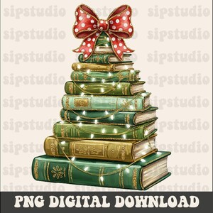 May include: A digital illustration of a Christmas tree made of stacked books. The books are various shades of green and gold, adorned with string lights and topped with a red bow with white polka dots. The text "PNG DIGITAL DOWNLOAD" is at the bottom.