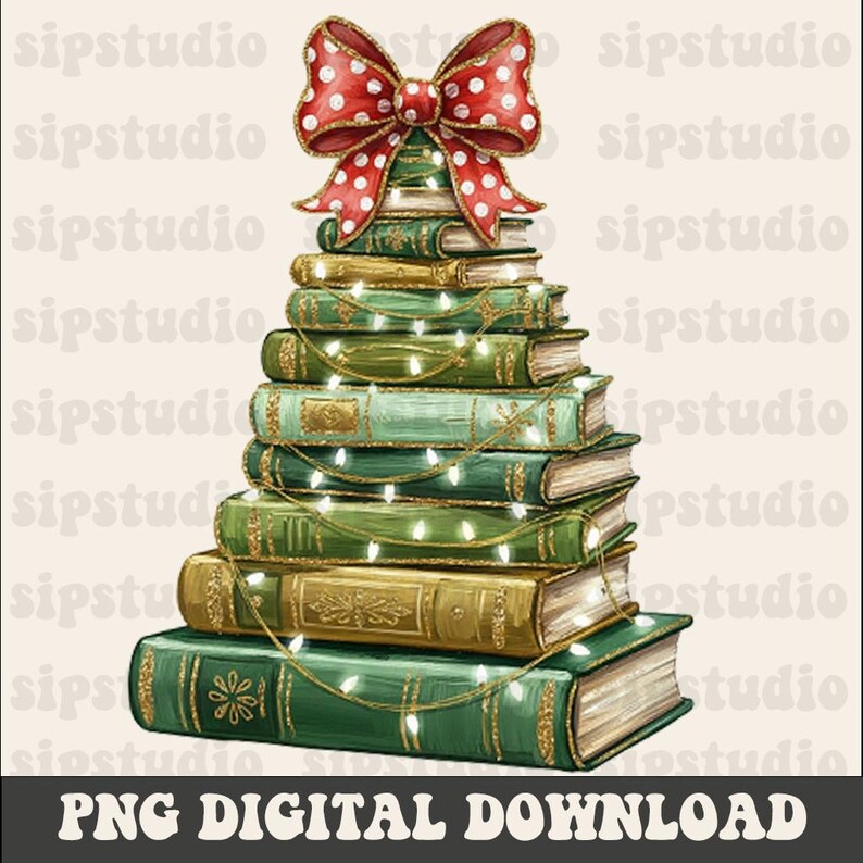 May include: A digital illustration of a Christmas tree made of stacked books. The books are various shades of green and gold, adorned with string lights and topped with a red bow with white polka dots. The text "PNG DIGITAL DOWNLOAD" is at the bottom.