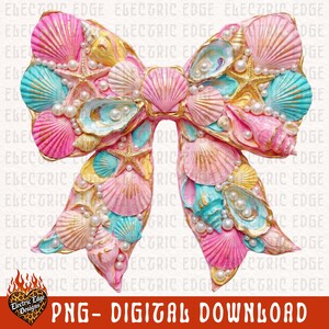Seashell Coquette Bow PNG | Digital Download | Coastal Pearl Design | Sublimation and DTF | Preppy Beach Aesthetic | Trendy Summer Shirt image 2