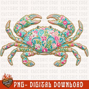 K&ouml;nnte beinhalten: Digitaler Download eines Krebses mit floralem Design. Der Krebs ist mit rosa, t&uuml;rkis und wei&szlig;en Blumen und goldenen Glitzerakzenten verziert. Der Text "PNG - DIGITAL DOWNLOAD" befindet sich unten.