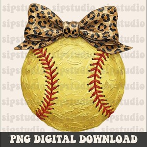 Op de afbeelding: Een gele softbal met rode stiksels en een luipaardprint strik. De strik is bruin met zwarte vlekken. De afbeelding bevat de tekst "PNG DIGITAL DOWNLOAD".
