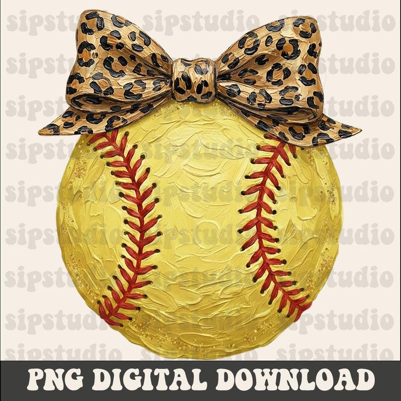 Op de afbeelding: Een gele softbal met rode stiksels en een luipaardprint strik. De strik is bruin met zwarte vlekken. De afbeelding bevat de tekst "PNG DIGITAL DOWNLOAD".
