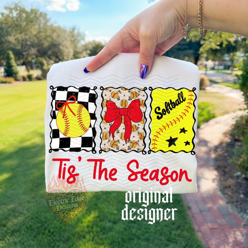 May include: A white t-shirt featuring a graphic with three rectangular panels. The first shows a yellow softball on a black and white checkerboard. The second shows a red bow over a softball pattern. The third shows the word Softball in black.