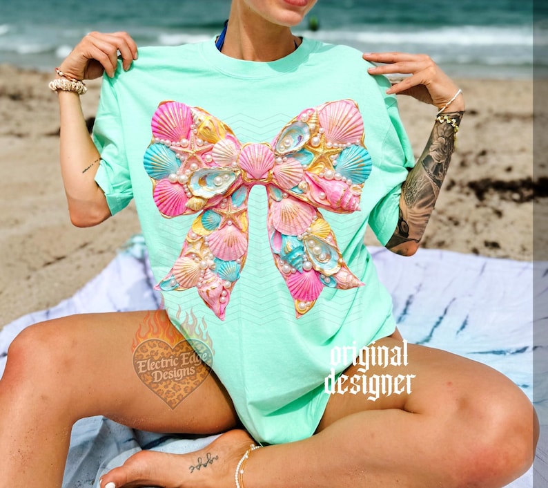 Seashell Coquette Bow PNG | Digital Download | Coastal Pearl Design | Sublimation and DTF | Preppy Beach Aesthetic | Trendy Summer Shirt image 1
