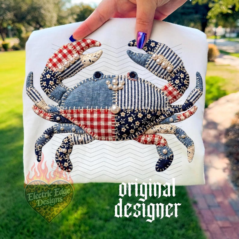 Patchwork Crab PNG | Digital Download | Coastal Americana Design | Sublimation DTF | Preppy Beach Shirt | Trendy Coastal Aesthetic Seaside image 1