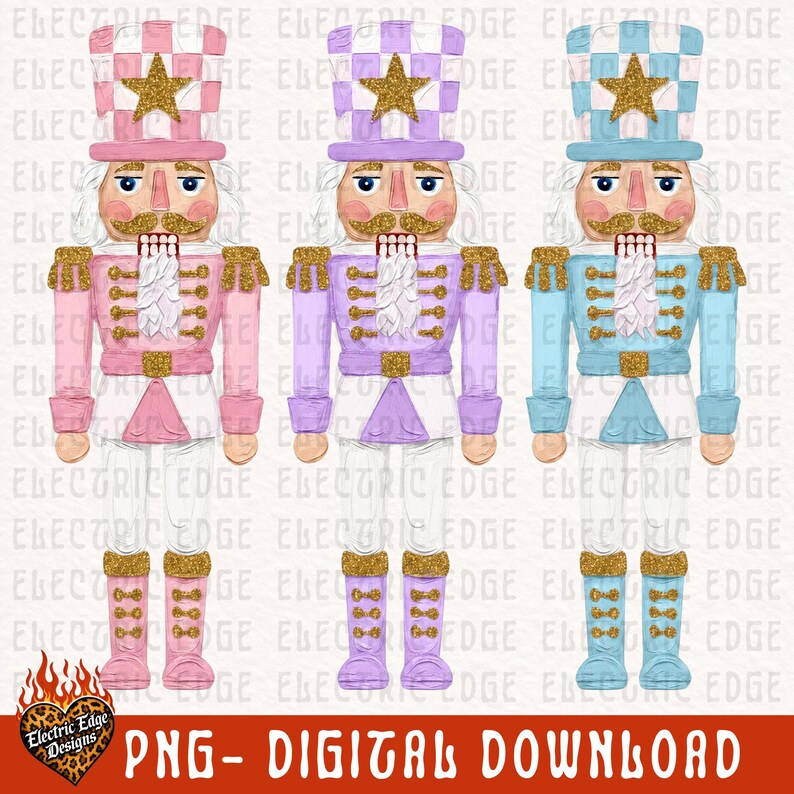 May include: Three nutcracker figures in pink, lavender, and light blue, each wearing a tall hat with a gold star, gold glitter accents on the uniform, and white hair. The background features a repeating Electric Edge watermark and text.