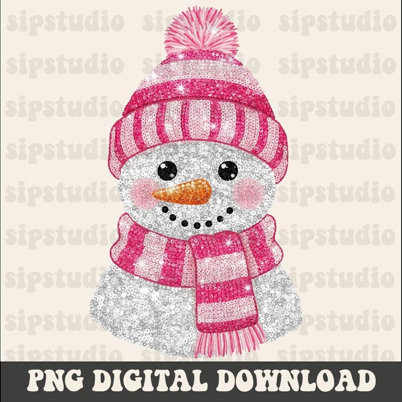 May include: A digital illustration of a snowman wearing a pink knitted hat and scarf, with rosy cheeks. The snowman has a carrot nose, black eyes, and a coal mouth. The image includes the text "PNG DIGITAL DOWNLOAD".