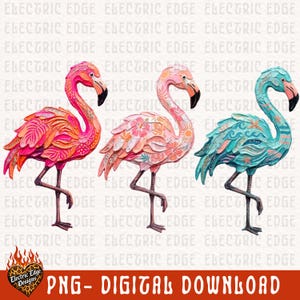 May include: Three decorative flamingo designs in vibrant colors: pink, coral, and teal. Each flamingo features intricate patterns and details, with the text "PNG - DIGITAL DOWNLOAD" at the bottom. The Electric Edge Designs logo is also visible.
