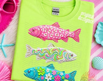 Pesce estivo al neon PNG, Trota colorata download digitale, Design massimalista costiero, Sublimazione DTF, Maglietta da spiaggia femminile, Boutique alla moda