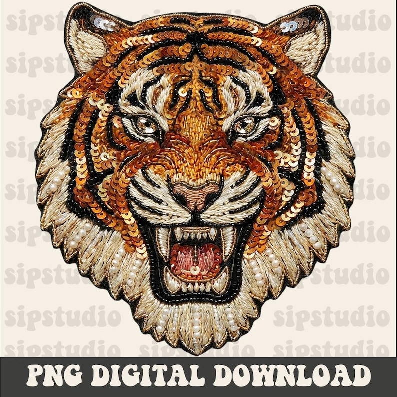 May include: A detailed tiger head design with orange, black, and gold sequins and beads. The tiger is roaring, with its mouth open, revealing teeth and a pink tongue. The design includes the text "PNG DIGITAL DOWNLOAD".