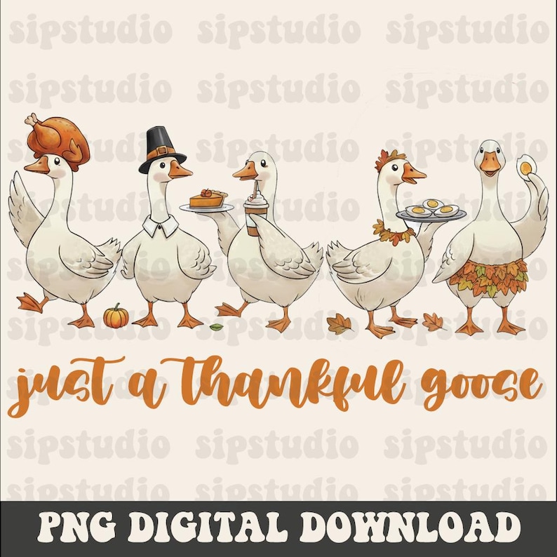 May include: A digital illustration featuring five cartoon geese dressed for Thanksgiving. Each goose is holding or wearing festive items like a turkey, pie, coffee, and autumn leaves. The text "just a thankful goose" is displayed below.