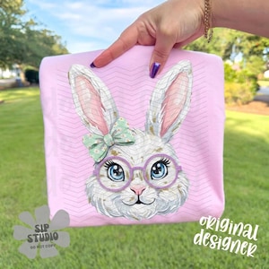 Girly Easter Bunny PNG, Rabbit with Glasses Digital Download, Spring Shirt Design, Sublimation and DTF, Trendy Hand-Painted Kids image 1