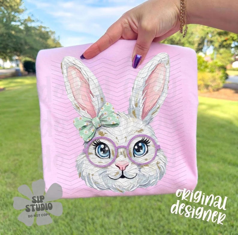 Girly Easter Bunny PNG, Rabbit with Glasses Digital Download, Spring Shirt Design, Sublimation and DTF, Trendy Hand-Painted Kids image 1